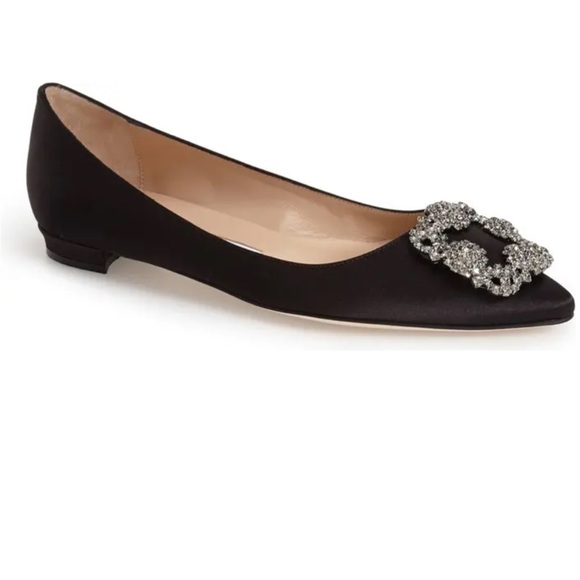 Manolo Blahnik Shoes - Manolo Blahnik black satin Hangisi flat crystal ornament almond-toe leather slip
